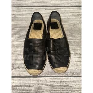 TORY BURCH Black Leather Double T Logo Perforated Espadrille Flats Womens 7.5